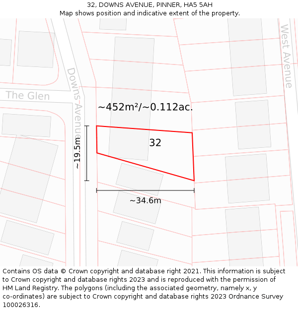 32, DOWNS AVENUE, PINNER, HA5 5AH: Plot and title map