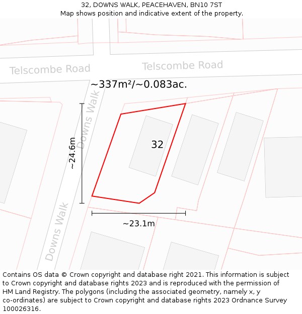 32, DOWNS WALK, PEACEHAVEN, BN10 7ST: Plot and title map