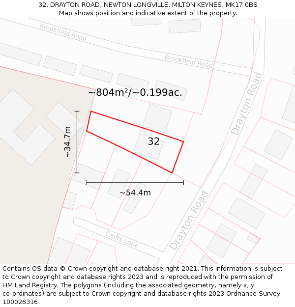 32, DRAYTON ROAD, NEWTON LONGVILLE, MILTON KEYNES, MK17 0BS: Plot and title map