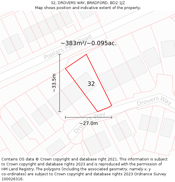 32, DROVERS WAY, BRADFORD, BD2 1JZ: Plot and title map