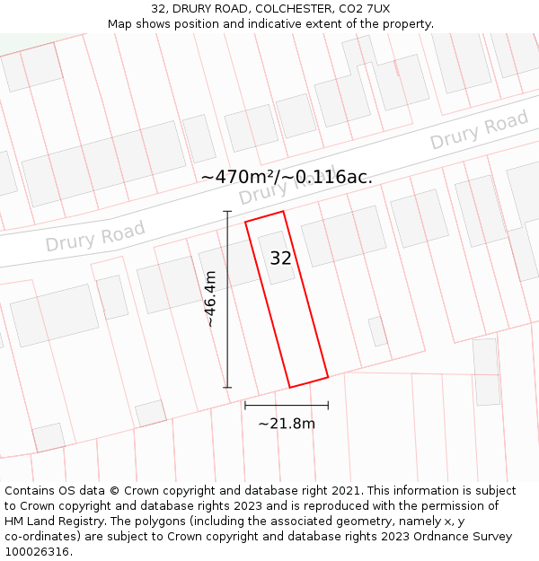 32, DRURY ROAD, COLCHESTER, CO2 7UX: Plot and title map