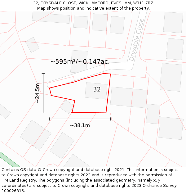 32, DRYSDALE CLOSE, WICKHAMFORD, EVESHAM, WR11 7RZ: Plot and title map