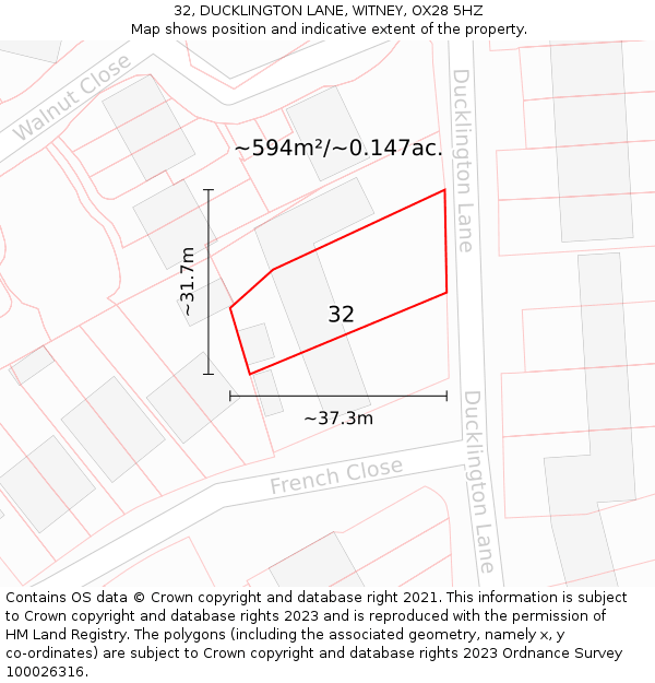 32, DUCKLINGTON LANE, WITNEY, OX28 5HZ: Plot and title map