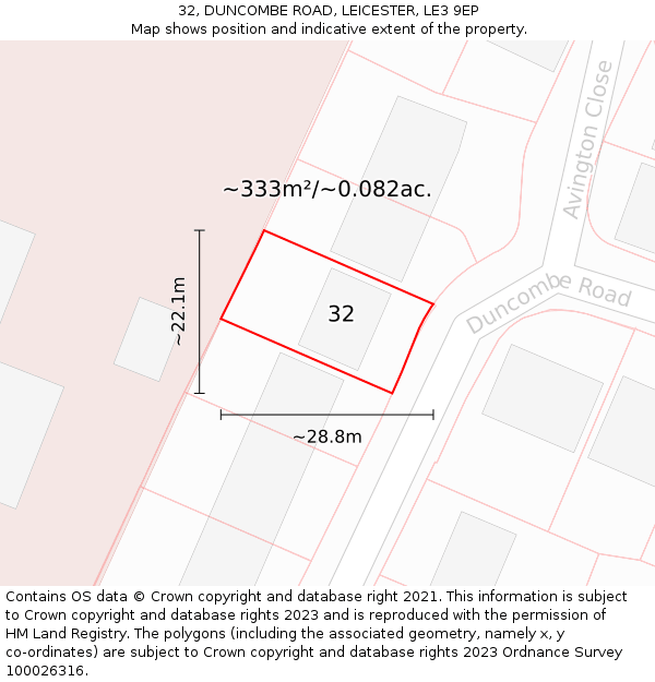 32, DUNCOMBE ROAD, LEICESTER, LE3 9EP: Plot and title map