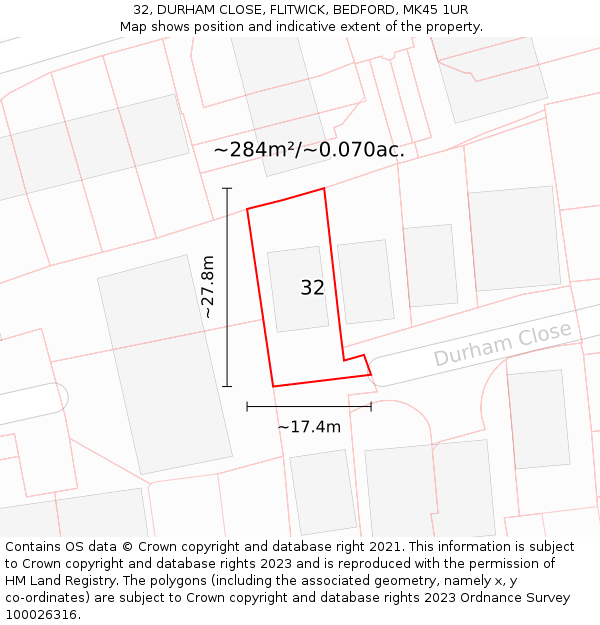 32, DURHAM CLOSE, FLITWICK, BEDFORD, MK45 1UR: Plot and title map