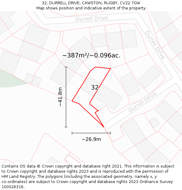 32, DURRELL DRIVE, CAWSTON, RUGBY, CV22 7GW: Plot and title map