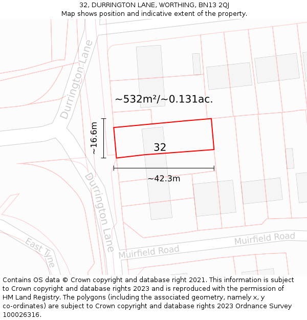 32, DURRINGTON LANE, WORTHING, BN13 2QJ: Plot and title map