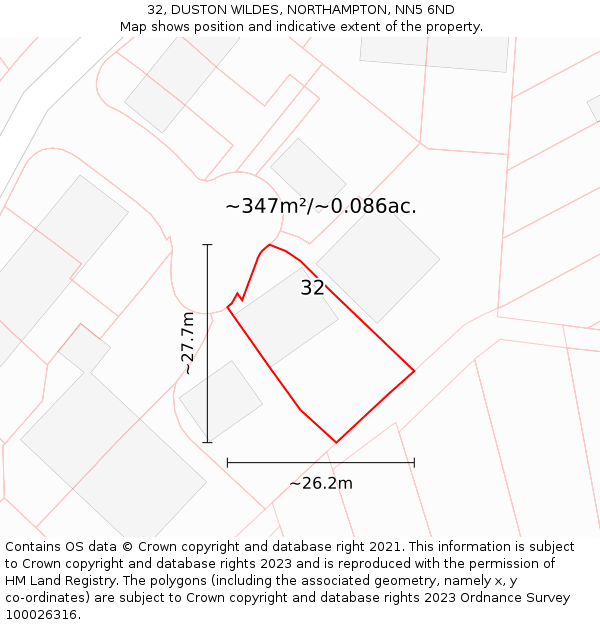 32, DUSTON WILDES, NORTHAMPTON, NN5 6ND: Plot and title map