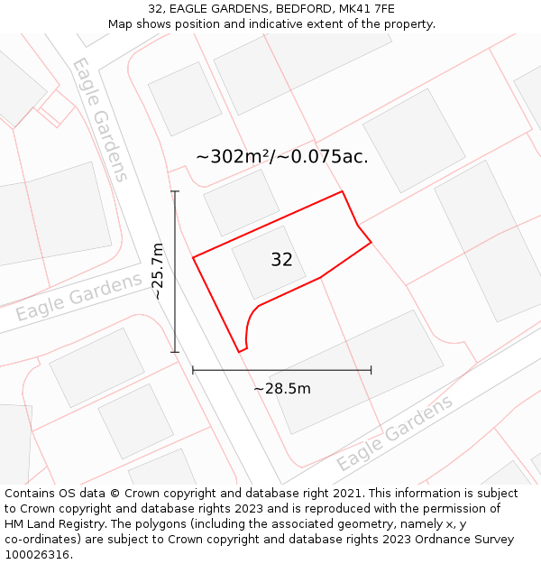 32, EAGLE GARDENS, BEDFORD, MK41 7FE: Plot and title map