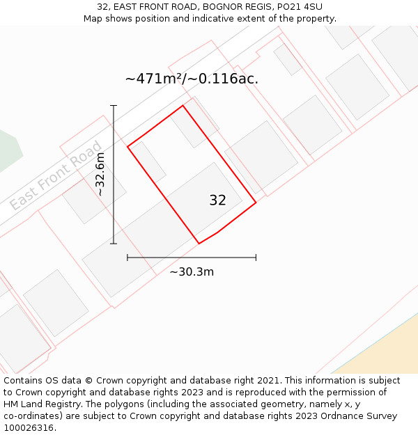 32, EAST FRONT ROAD, BOGNOR REGIS, PO21 4SU: Plot and title map