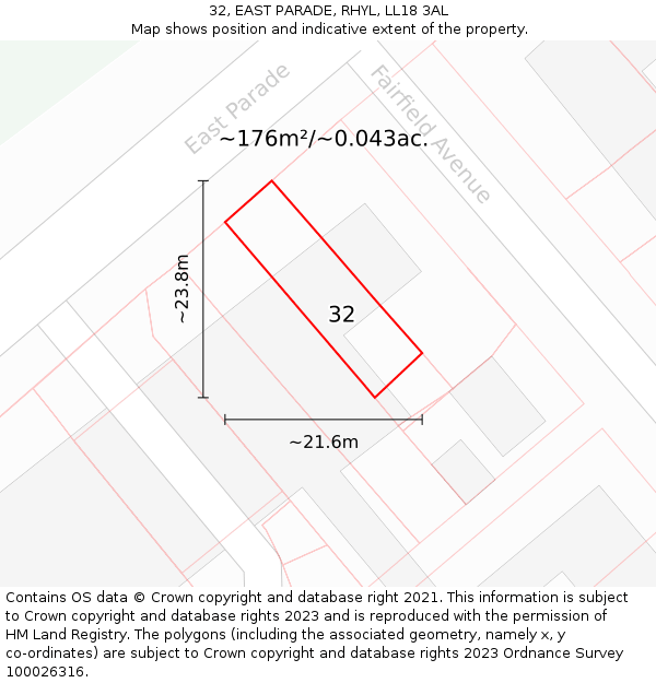 32, EAST PARADE, RHYL, LL18 3AL: Plot and title map