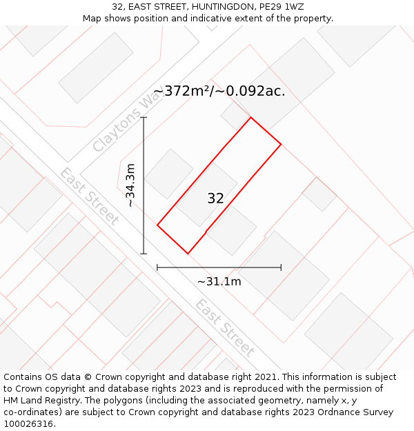 32, EAST STREET, HUNTINGDON, PE29 1WZ: Plot and title map