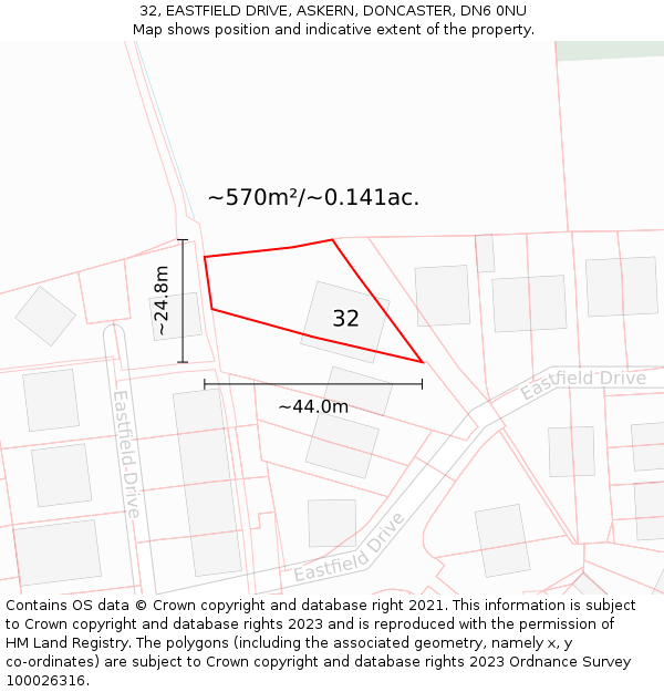 32, EASTFIELD DRIVE, ASKERN, DONCASTER, DN6 0NU: Plot and title map