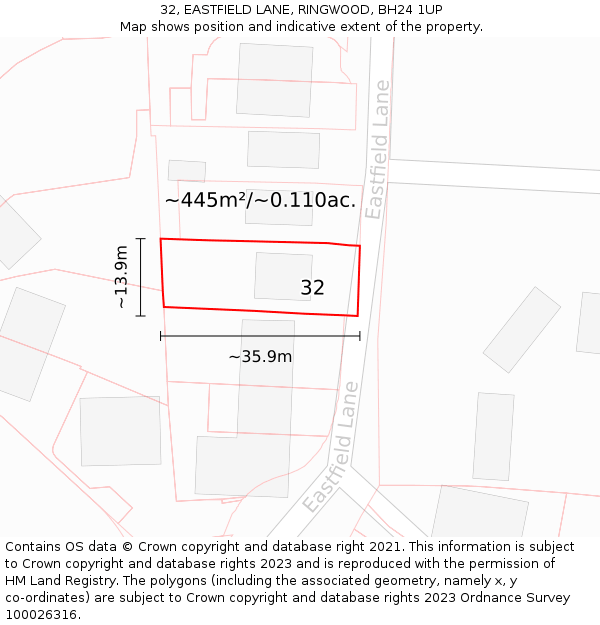 32, EASTFIELD LANE, RINGWOOD, BH24 1UP: Plot and title map