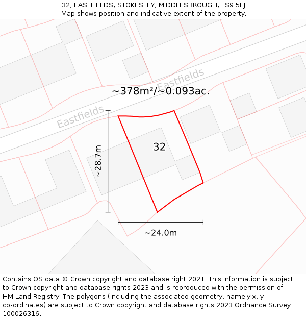 32, EASTFIELDS, STOKESLEY, MIDDLESBROUGH, TS9 5EJ: Plot and title map