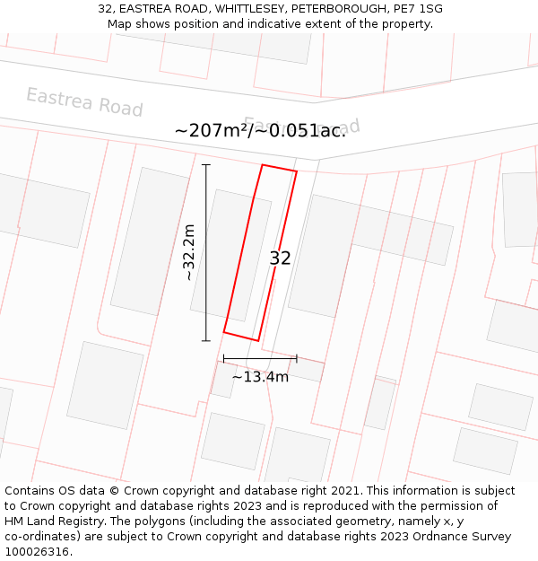 32, EASTREA ROAD, WHITTLESEY, PETERBOROUGH, PE7 1SG: Plot and title map