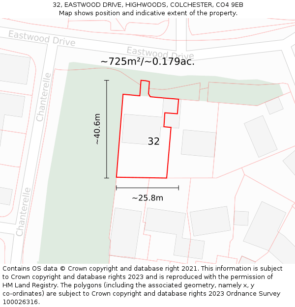 32, EASTWOOD DRIVE, HIGHWOODS, COLCHESTER, CO4 9EB: Plot and title map