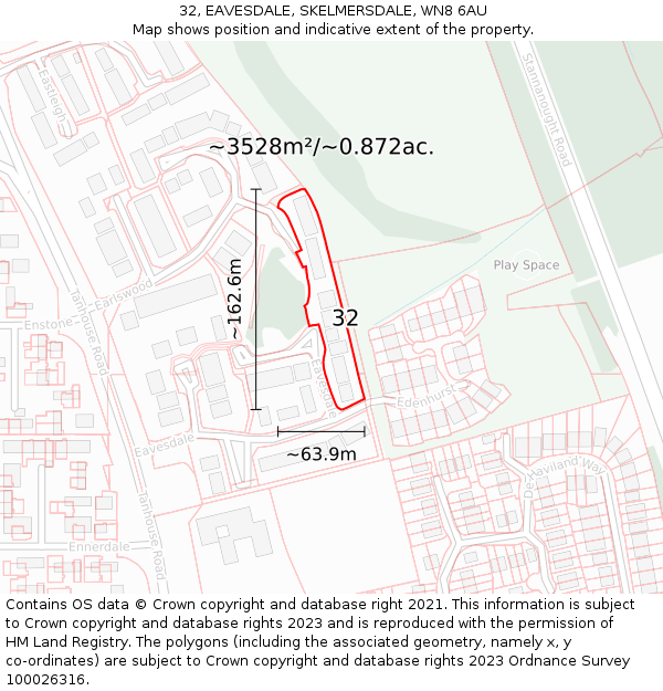 32, EAVESDALE, SKELMERSDALE, WN8 6AU: Plot and title map