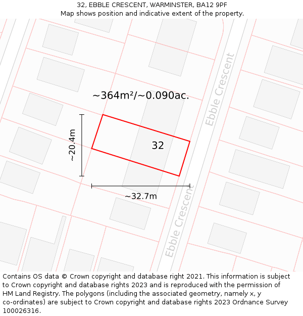 32, EBBLE CRESCENT, WARMINSTER, BA12 9PF: Plot and title map