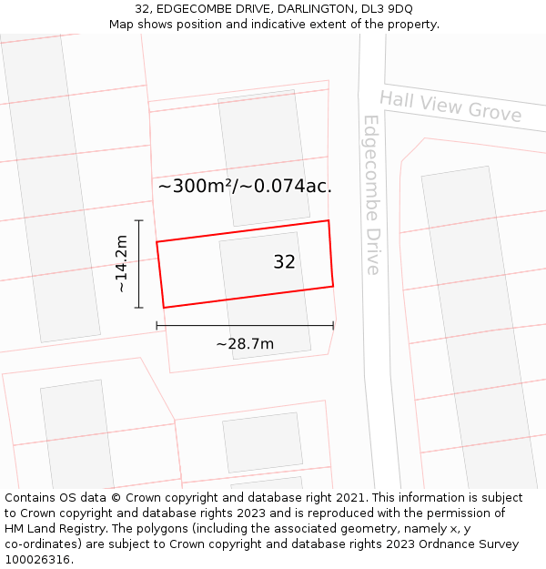 32, EDGECOMBE DRIVE, DARLINGTON, DL3 9DQ: Plot and title map