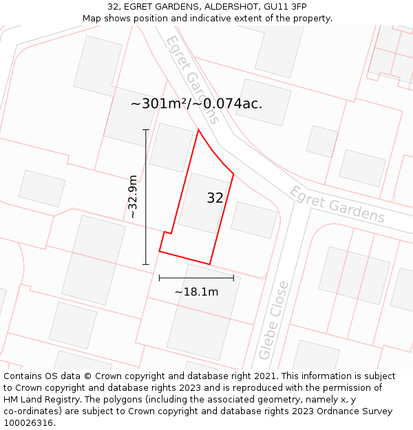 32, EGRET GARDENS, ALDERSHOT, GU11 3FP: Plot and title map