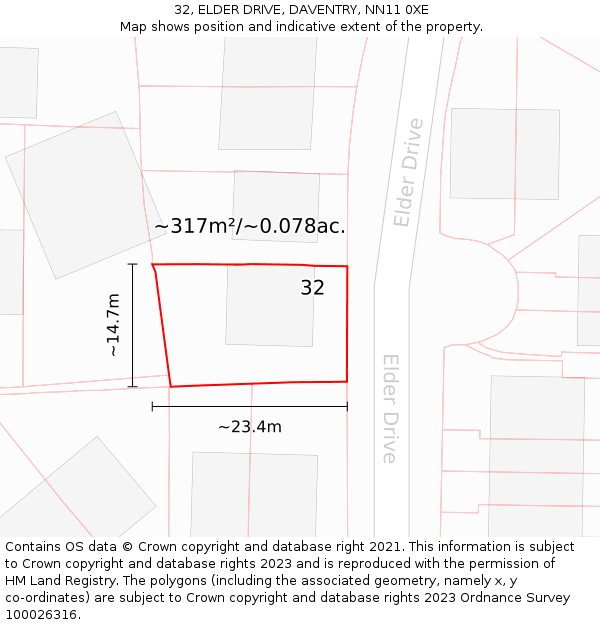 32, ELDER DRIVE, DAVENTRY, NN11 0XE: Plot and title map