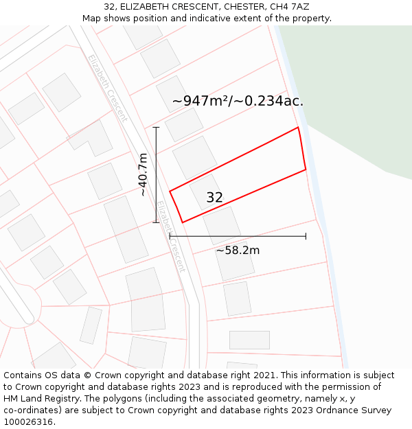 32, ELIZABETH CRESCENT, CHESTER, CH4 7AZ: Plot and title map