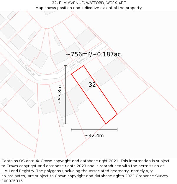 32, ELM AVENUE, WATFORD, WD19 4BE: Plot and title map