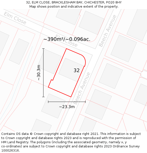 32, ELM CLOSE, BRACKLESHAM BAY, CHICHESTER, PO20 8HY: Plot and title map