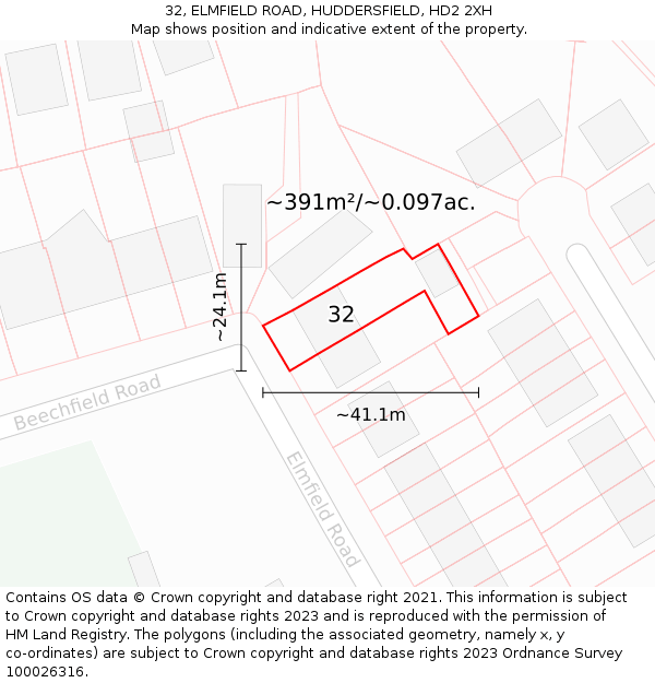 32, ELMFIELD ROAD, HUDDERSFIELD, HD2 2XH: Plot and title map