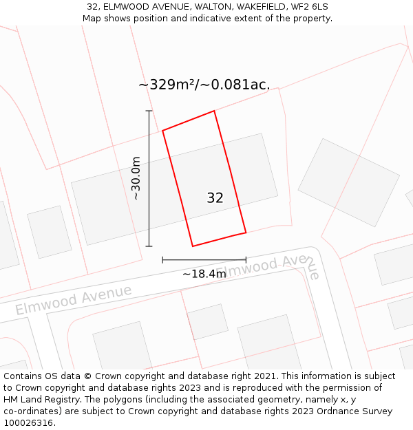 32, ELMWOOD AVENUE, WALTON, WAKEFIELD, WF2 6LS: Plot and title map