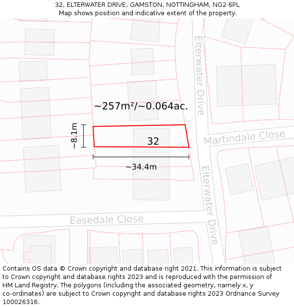 32, ELTERWATER DRIVE, GAMSTON, NOTTINGHAM, NG2 6PL: Plot and title map