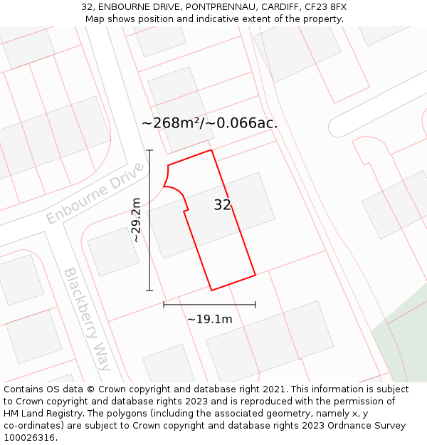 32, ENBOURNE DRIVE, PONTPRENNAU, CARDIFF, CF23 8FX: Plot and title map