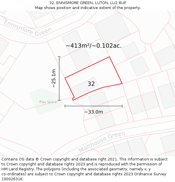 32, ENNISMORE GREEN, LUTON, LU2 8UP: Plot and title map