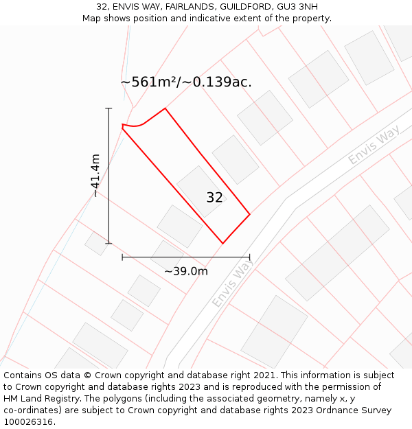 32, ENVIS WAY, FAIRLANDS, GUILDFORD, GU3 3NH: Plot and title map