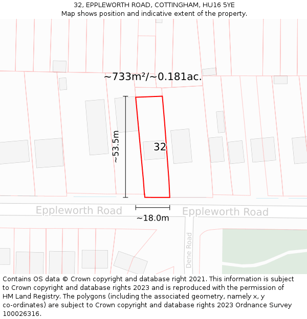 32, EPPLEWORTH ROAD, COTTINGHAM, HU16 5YE: Plot and title map