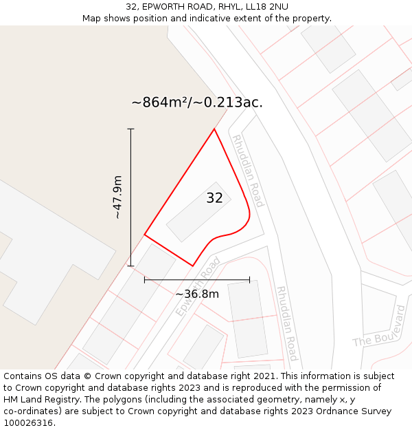 32, EPWORTH ROAD, RHYL, LL18 2NU: Plot and title map