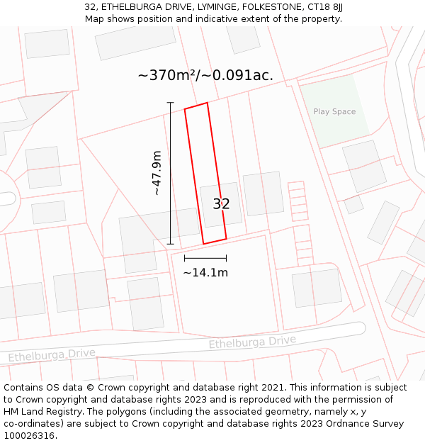 32, ETHELBURGA DRIVE, LYMINGE, FOLKESTONE, CT18 8JJ: Plot and title map