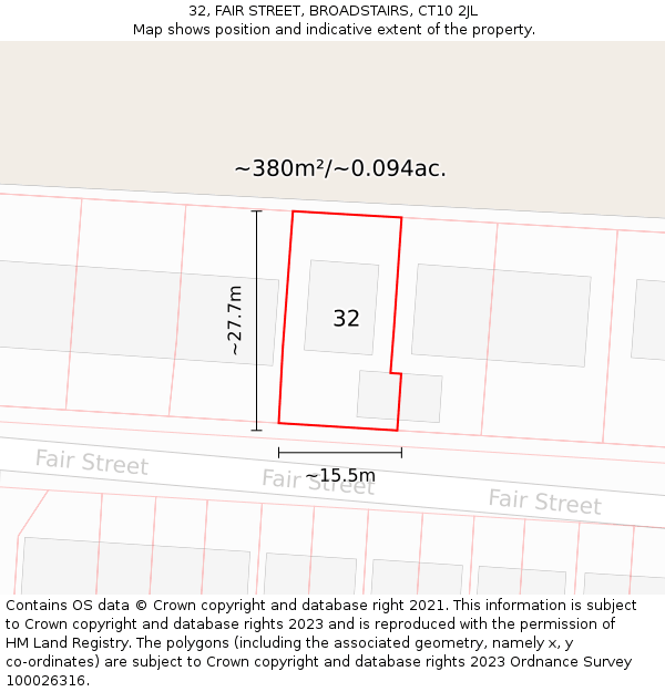 32, FAIR STREET, BROADSTAIRS, CT10 2JL: Plot and title map