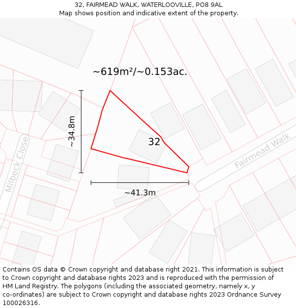 32, FAIRMEAD WALK, WATERLOOVILLE, PO8 9AL: Plot and title map