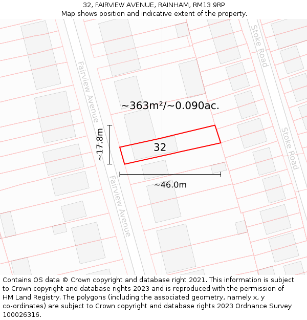 32, FAIRVIEW AVENUE, RAINHAM, RM13 9RP: Plot and title map