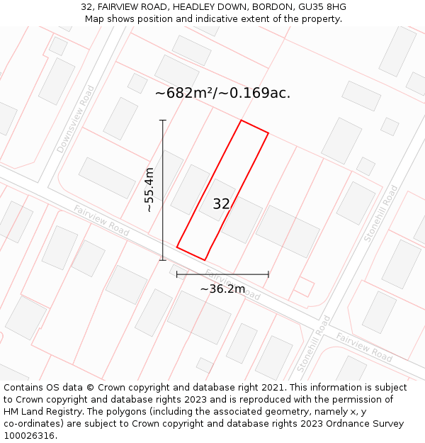 32, FAIRVIEW ROAD, HEADLEY DOWN, BORDON, GU35 8HG: Plot and title map
