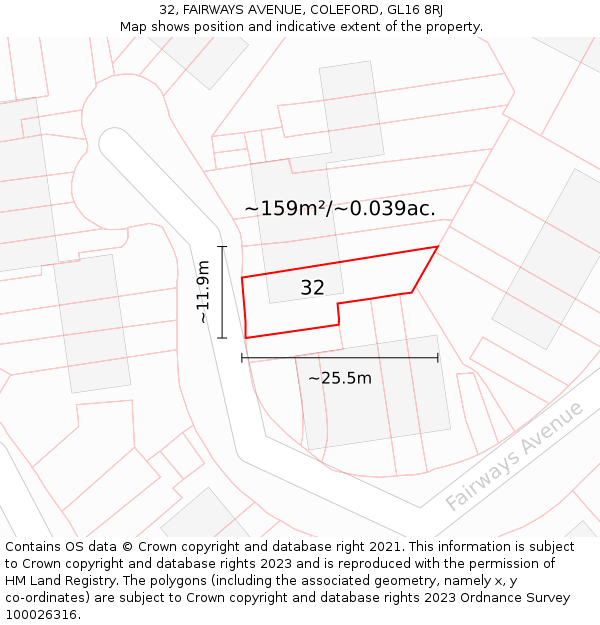 32, FAIRWAYS AVENUE, COLEFORD, GL16 8RJ: Plot and title map