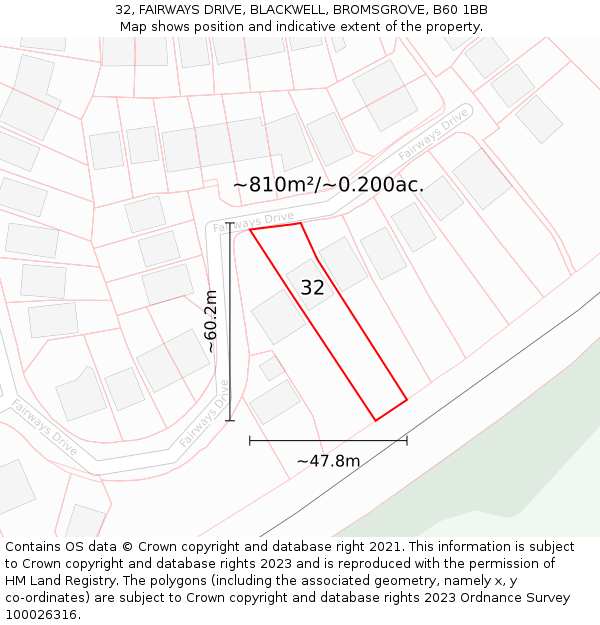 32, FAIRWAYS DRIVE, BLACKWELL, BROMSGROVE, B60 1BB: Plot and title map