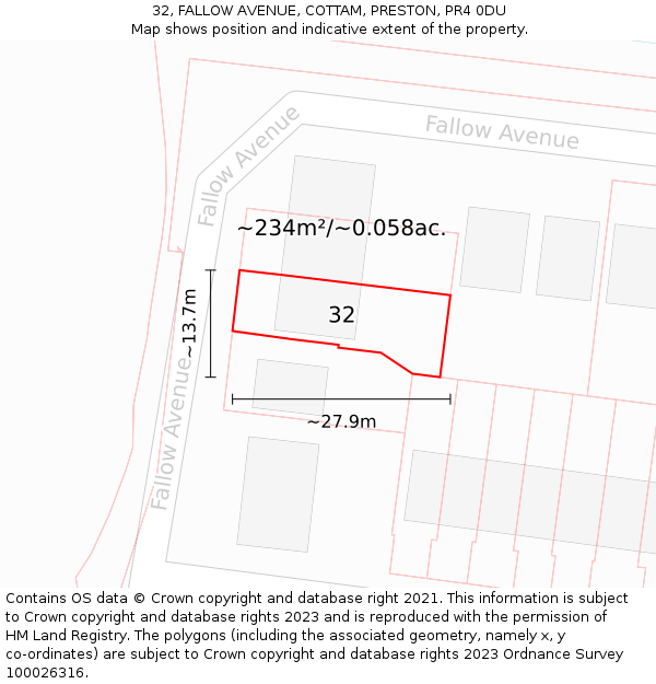 32, FALLOW AVENUE, COTTAM, PRESTON, PR4 0DU: Plot and title map