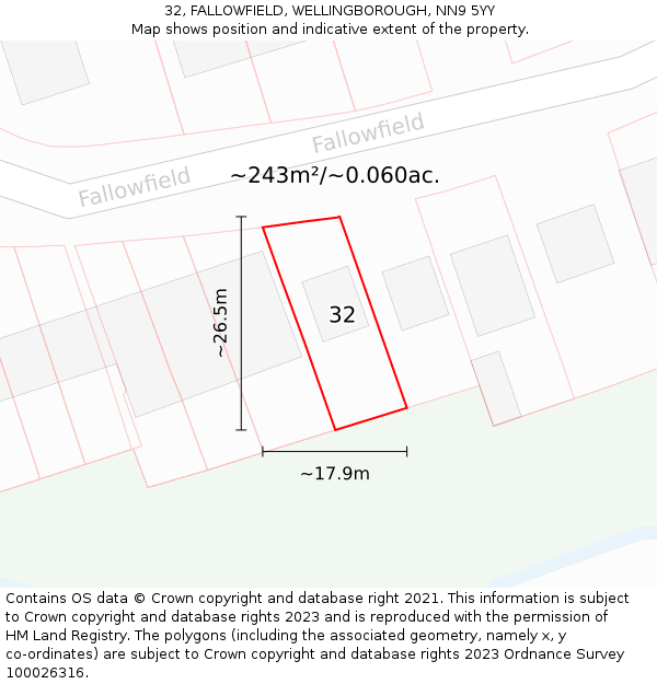 32, FALLOWFIELD, WELLINGBOROUGH, NN9 5YY: Plot and title map