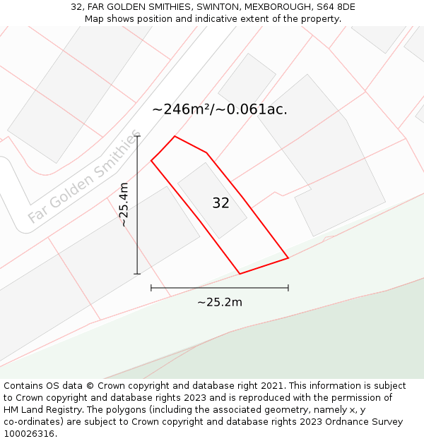 32, FAR GOLDEN SMITHIES, SWINTON, MEXBOROUGH, S64 8DE: Plot and title map
