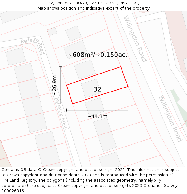 32, FARLAINE ROAD, EASTBOURNE, BN21 1XQ: Plot and title map