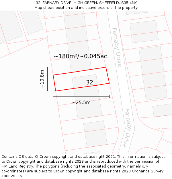 32, FARNABY DRIVE, HIGH GREEN, SHEFFIELD, S35 4NY: Plot and title map