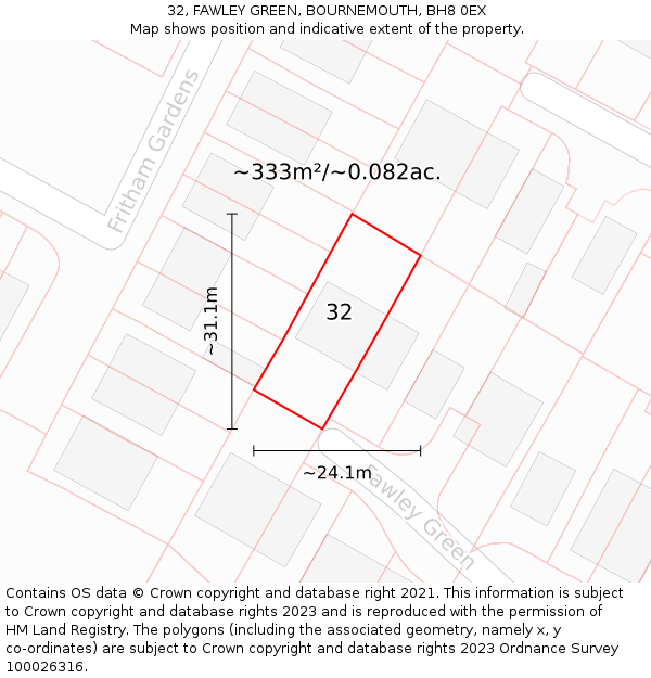 32, FAWLEY GREEN, BOURNEMOUTH, BH8 0EX: Plot and title map